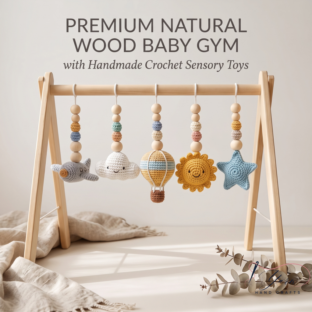 Handmade Sky Baby Gym, Wooden Montessori Play Gym with Crochet Airplane, Hot Air Balloon, Cloud, Sun and Star Toys, Baby Shower Gift