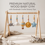 Handmade Sky Baby Gym, Wooden Montessori Play Gym with Crochet Airplane, Hot Air Balloon, Cloud, Sun and Star Toys, Baby Shower Gift