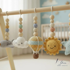 Handmade Sky Baby Gym, Wooden Montessori Play Gym with Crochet Airplane, Hot Air Balloon, Cloud, Sun and Star Toys, Baby Shower Gift
