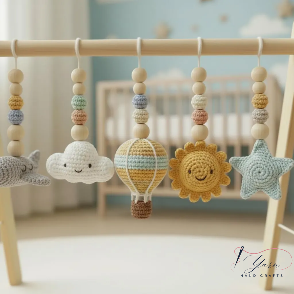 Handmade Sky Baby Gym, Wooden Montessori Play Gym with Crochet Airplane, Hot Air Balloon, Cloud, Sun and Star Toys, Baby Shower Gift
