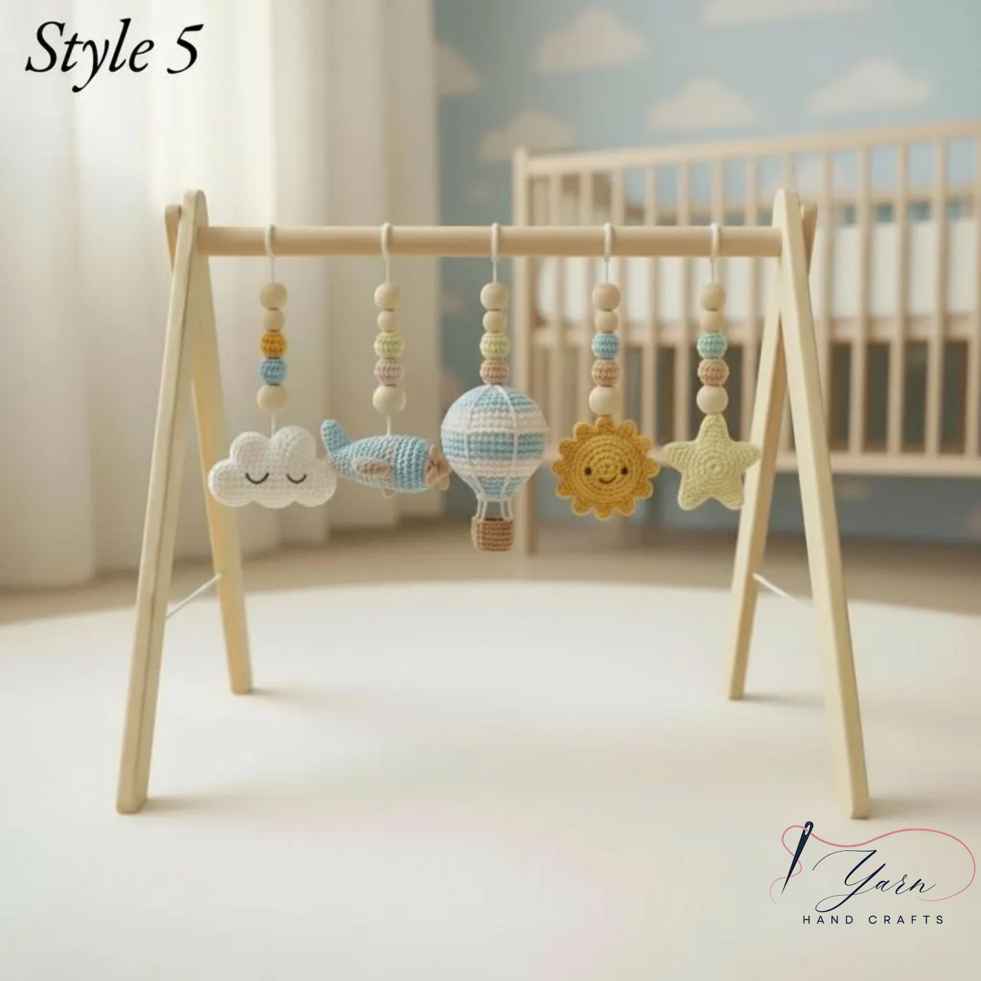 Handmade Sky Baby Gym, Wooden Montessori Play Gym with Crochet Airplane, Hot Air Balloon, Cloud, Sun and Star Toys, Baby Shower Gift