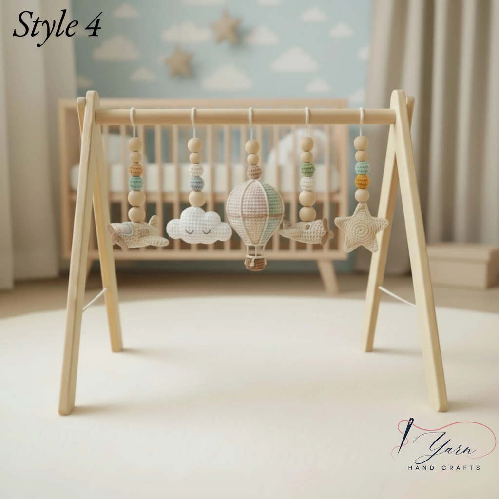 Handmade Sky Baby Gym, Wooden Montessori Play Gym with Crochet Airplane, Hot Air Balloon, Cloud, Sun and Star Toys, Baby Shower Gift