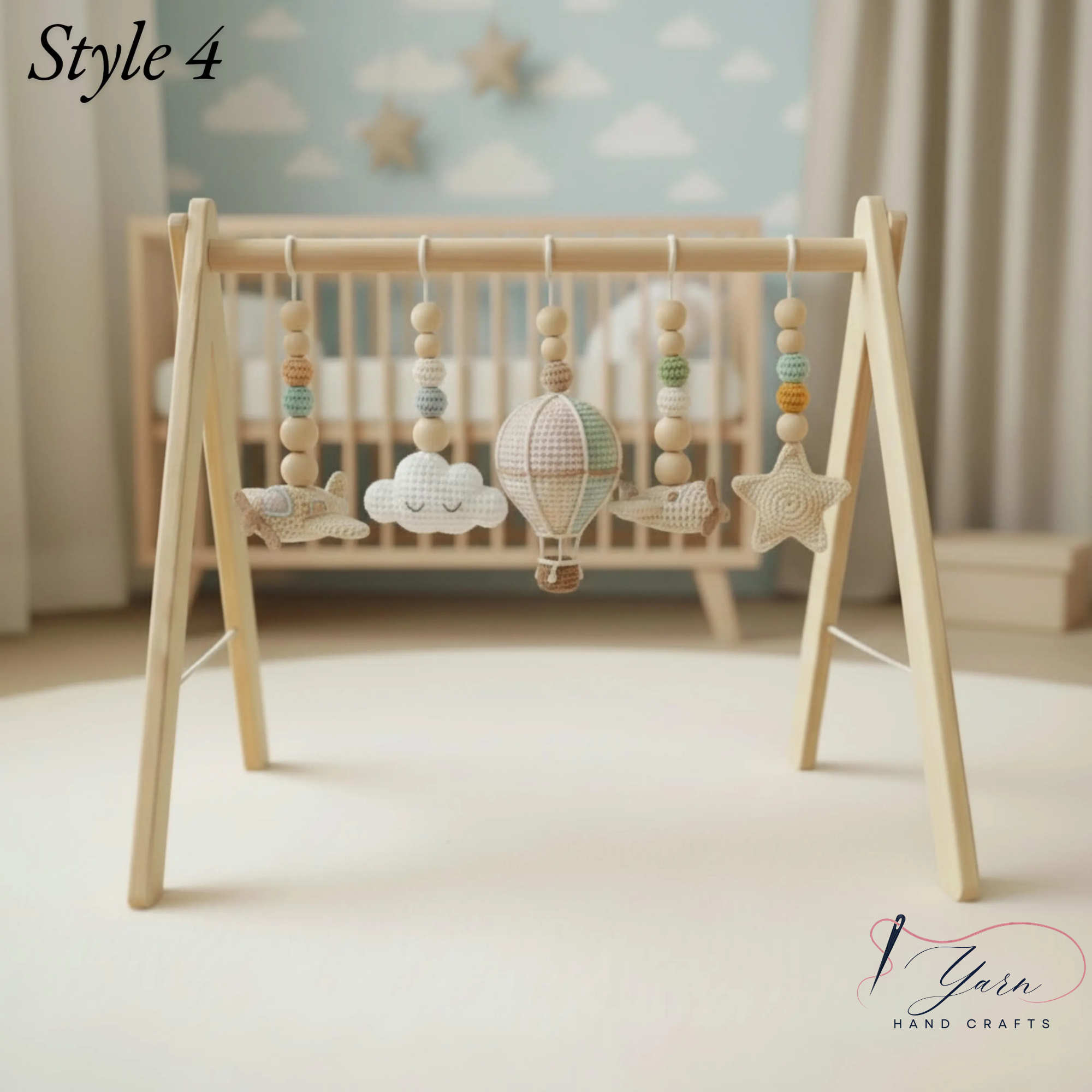 Handmade Sky Baby Gym, Wooden Montessori Play Gym with Crochet Airplane, Hot Air Balloon, Cloud, Sun and Star Toys, Baby Shower Gift