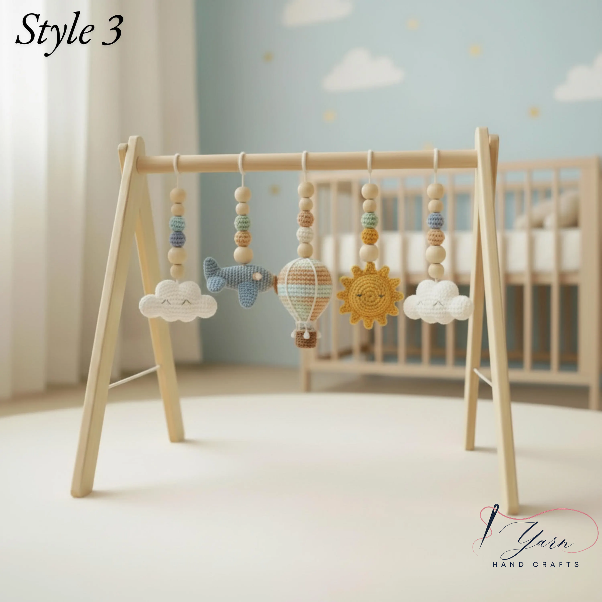 Handmade Sky Baby Gym, Wooden Montessori Play Gym with Crochet Airplane, Hot Air Balloon, Cloud, Sun and Star Toys, Baby Shower Gift
