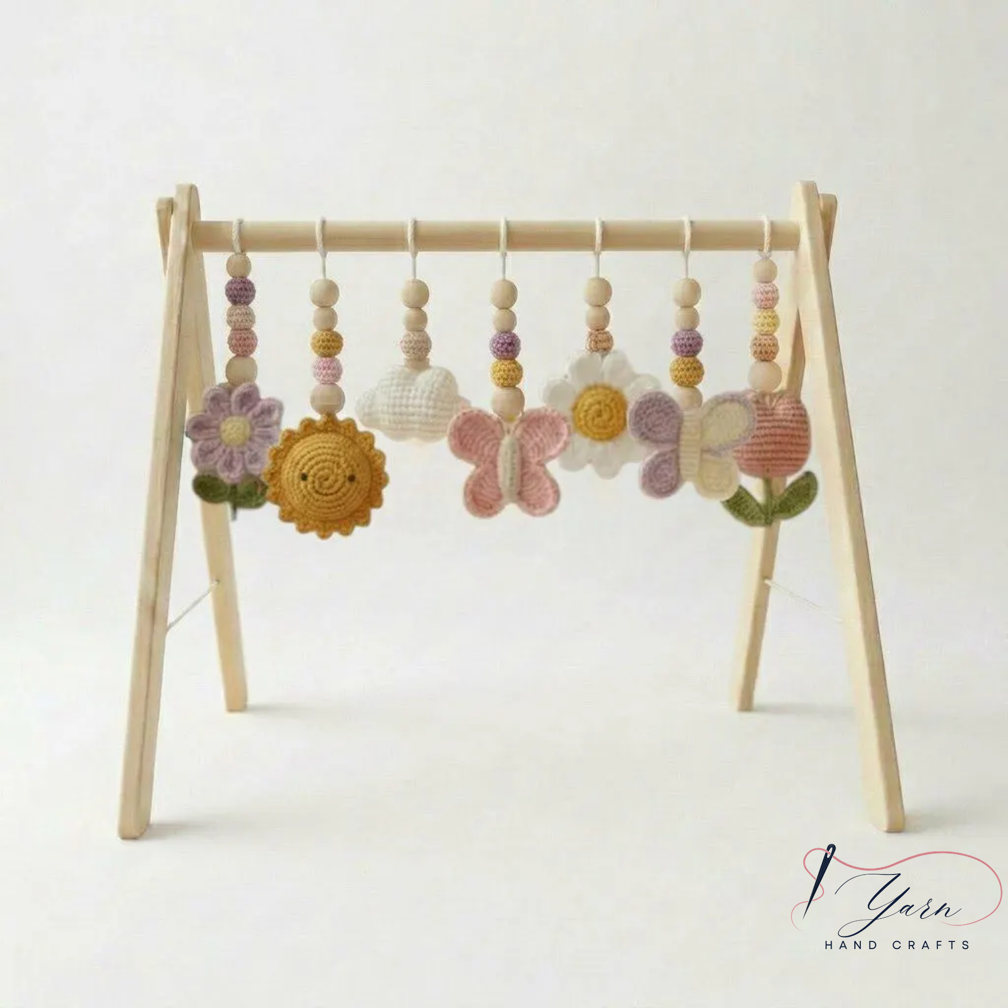 Floral Baby Gym, Wooden Play Gym with Crochet Tulip Butterfly Cloud Daisy, Montessori Baby Activity Gym, Baby Shower Gift