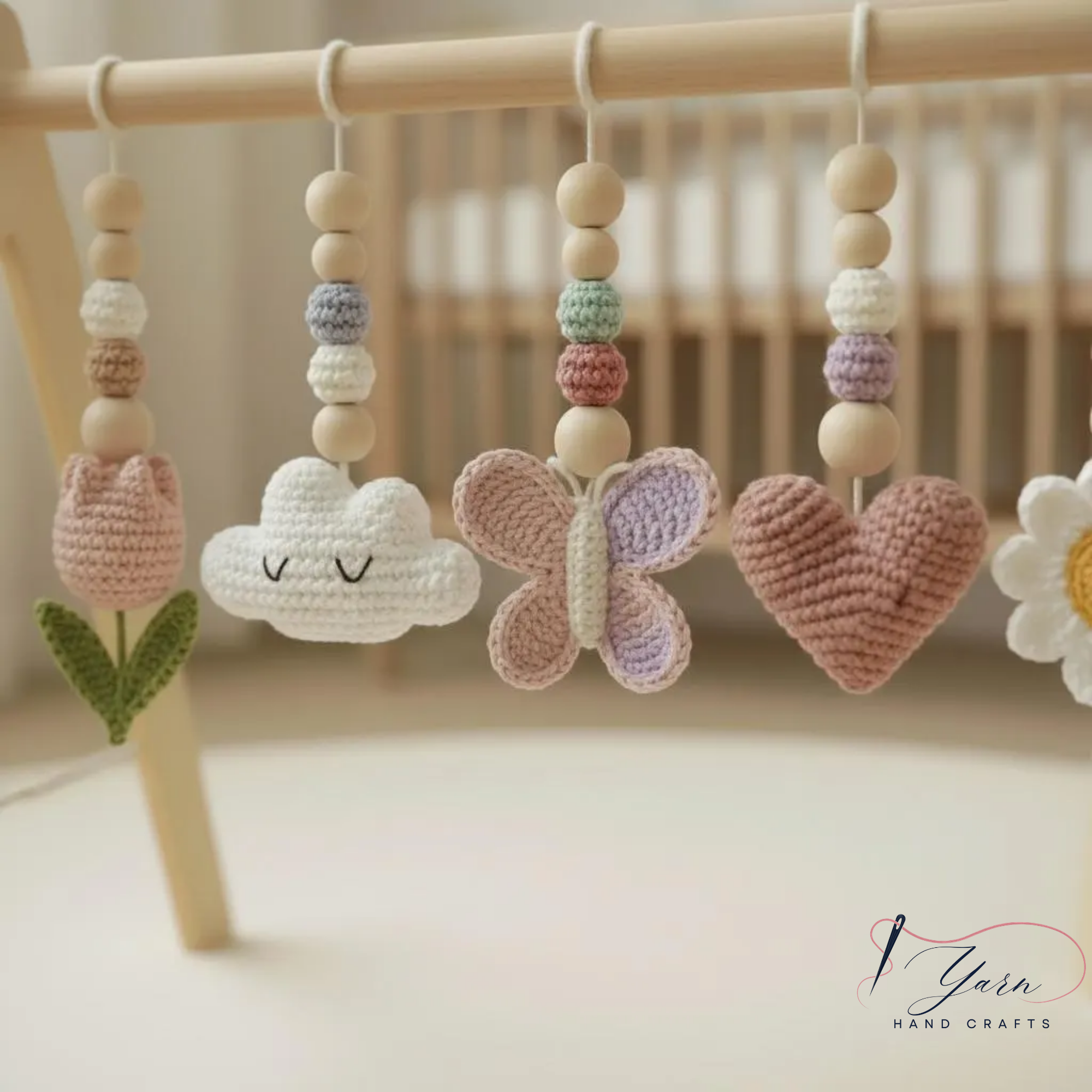 Floral Baby Gym, Wooden Play Gym with Crochet Tulip Butterfly Cloud Daisy, Montessori Baby Activity Gym, Baby Shower Gift