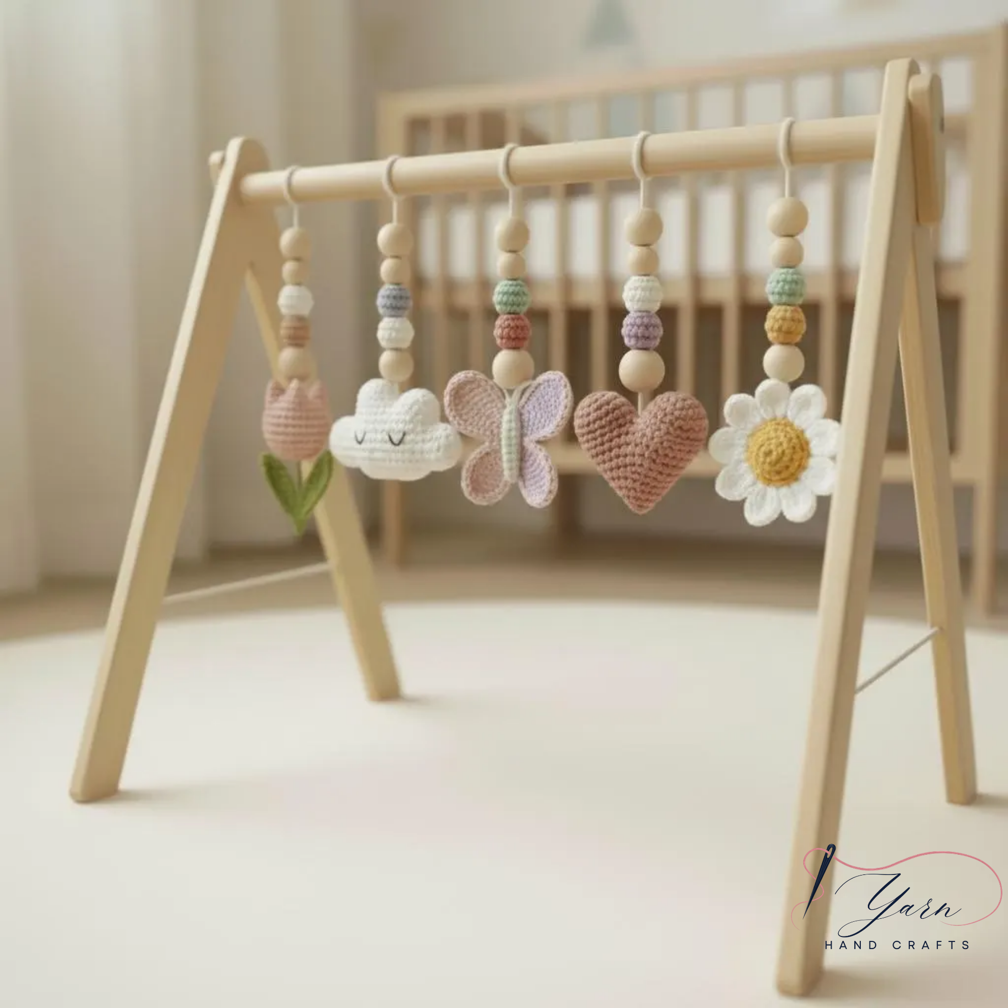 Floral Baby Gym, Wooden Play Gym with Crochet Tulip Butterfly Cloud Daisy, Montessori Baby Activity Gym, Baby Shower Gift