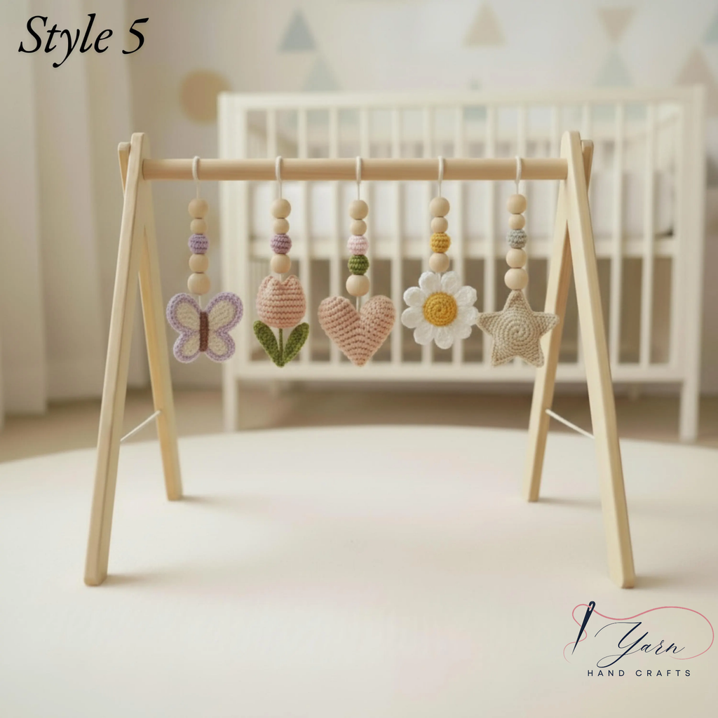 Floral Baby Gym, Wooden Play Gym with Crochet Tulip Butterfly Cloud Daisy, Montessori Baby Activity Gym, Baby Shower Gift