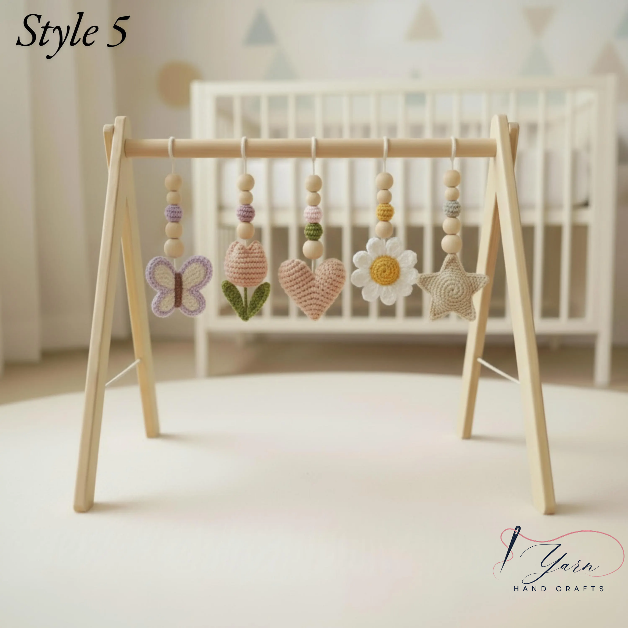Floral Baby Gym, Wooden Play Gym with Crochet Tulip Butterfly Cloud Daisy, Montessori Baby Activity Gym, Baby Shower Gift