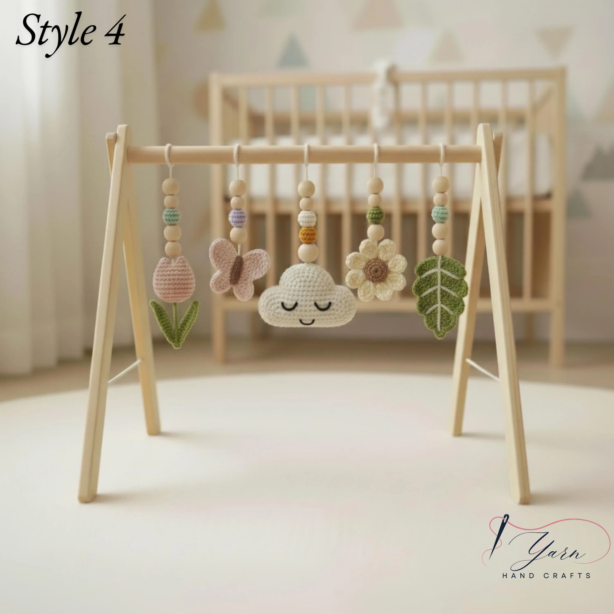 Floral Baby Gym, Wooden Play Gym with Crochet Tulip Butterfly Cloud Daisy, Montessori Baby Activity Gym, Baby Shower Gift