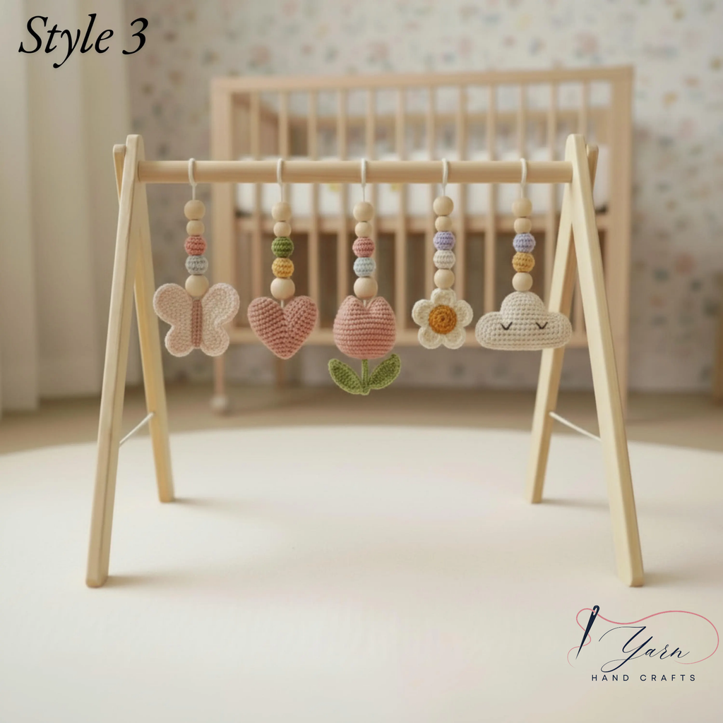 Floral Baby Gym, Wooden Play Gym with Crochet Tulip Butterfly Cloud Daisy, Montessori Baby Activity Gym, Baby Shower Gift