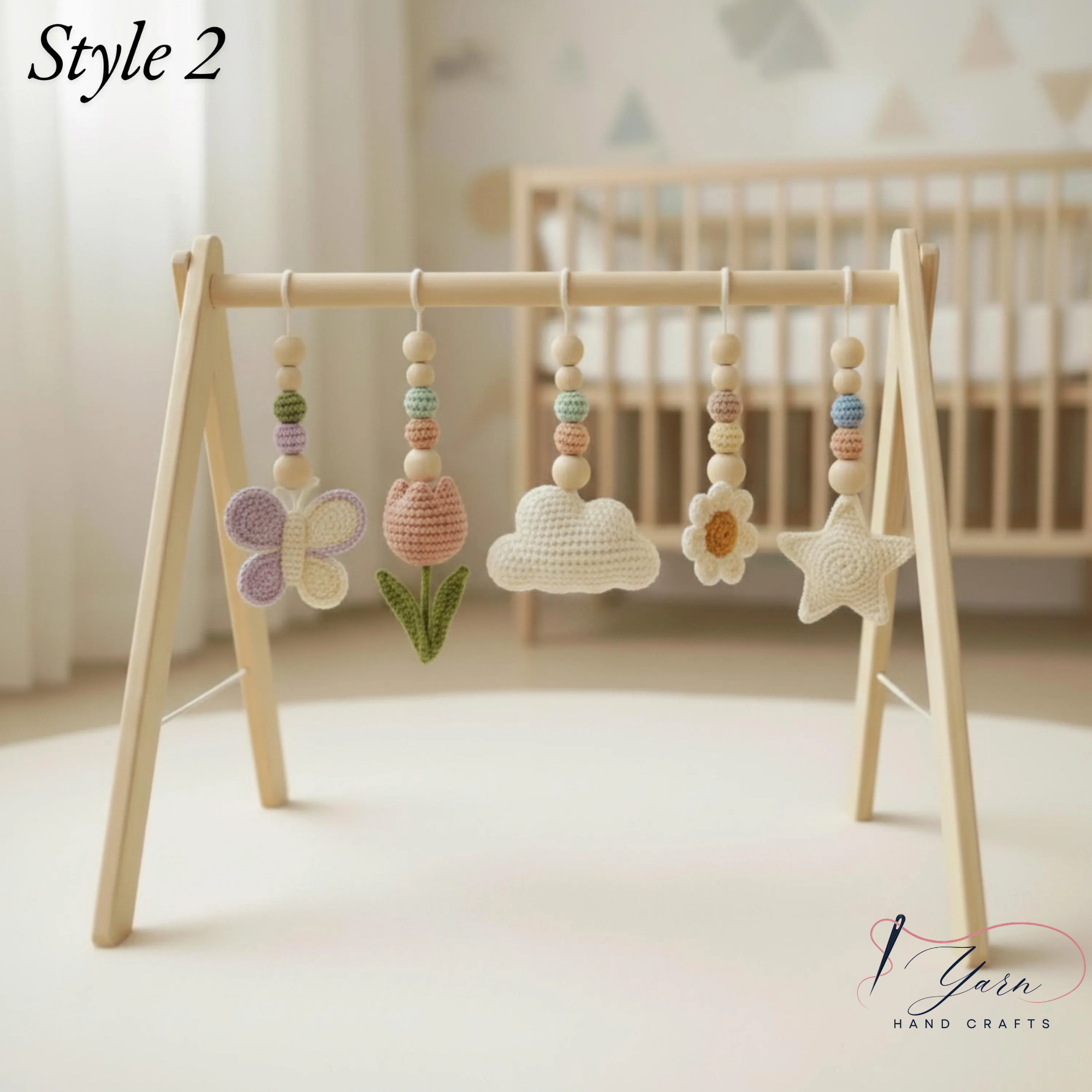 Floral Baby Gym, Wooden Play Gym with Crochet Tulip Butterfly Cloud Daisy, Montessori Baby Activity Gym, Baby Shower Gift