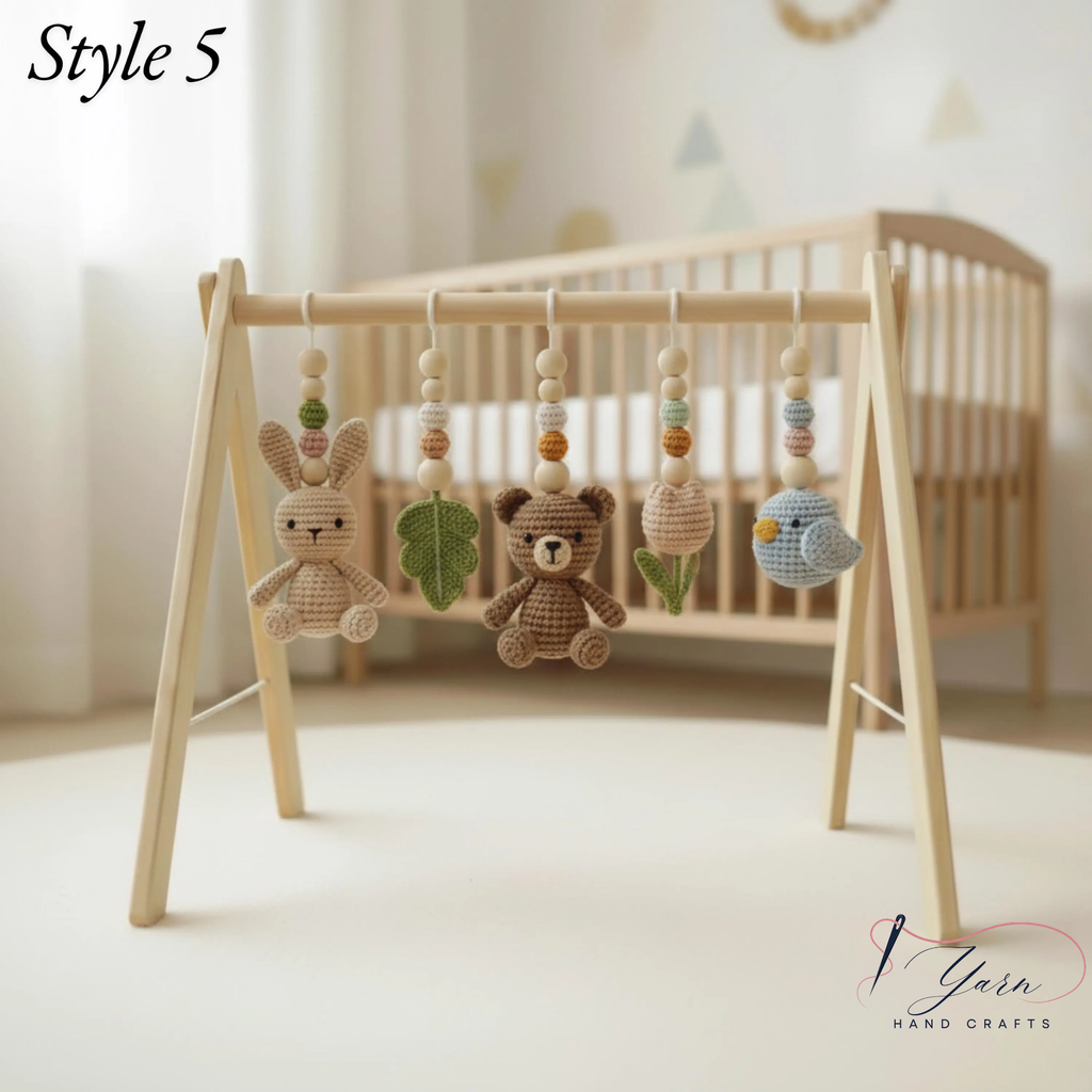 Crochet Baby Play Gym, Wooden Activity Gym with Handmade Hanging Toys, Montessori-Inspired Baby Toy, Neutral Nursery Decor, Baby Shower Gift