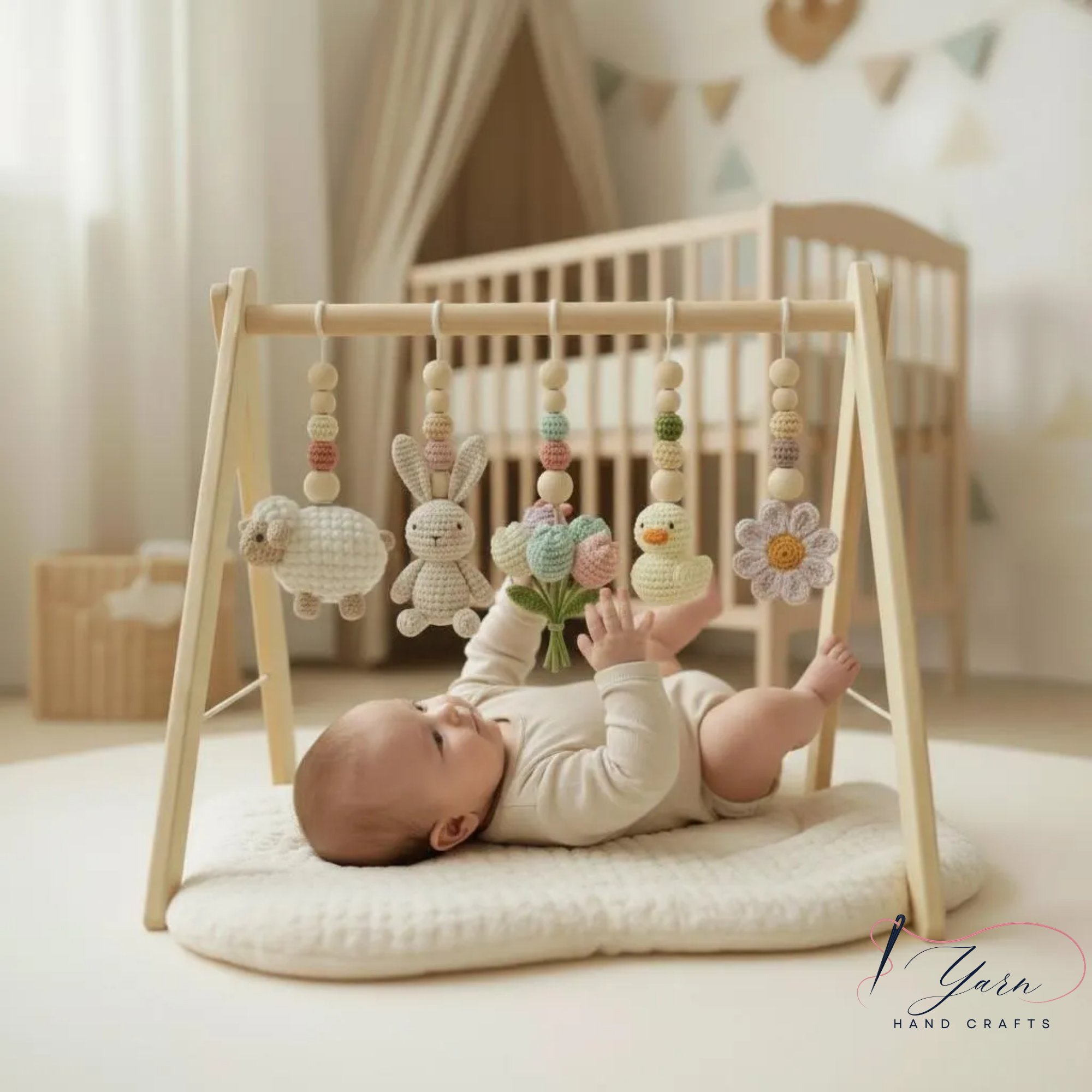 Crochet Baby Play Gym, Wooden Activity Gym with Handmade Hanging Toys, Montessori-Inspired Baby Toy, Neutral Nursery Decor, Baby Shower Gift