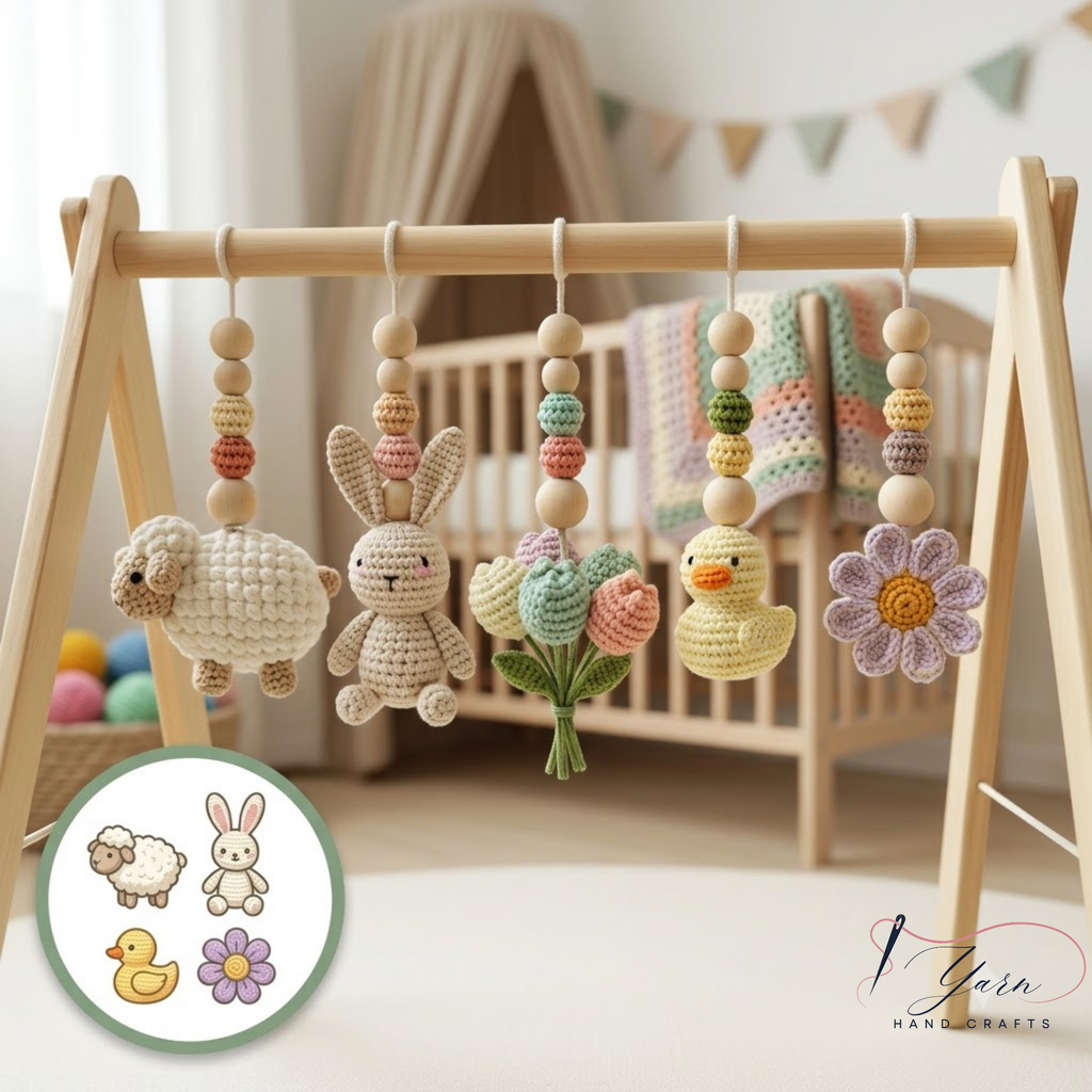 Crochet Baby Play Gym, Wooden Activity Gym with Handmade Hanging Toys, Montessori-Inspired Baby Toy, Neutral Nursery Decor, Baby Shower Gift