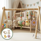 Crochet Baby Play Gym, Wooden Activity Gym with Handmade Hanging Toys, Montessori-Inspired Baby Toy, Neutral Nursery Decor, Baby Shower Gift