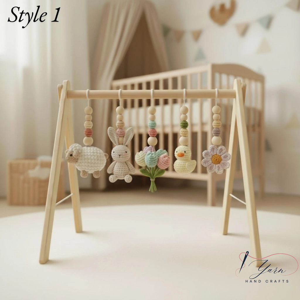 Crochet Baby Play Gym, Wooden Activity Gym with Handmade Hanging Toys, Montessori-Inspired Baby Toy, Neutral Nursery Decor, Baby Shower Gift