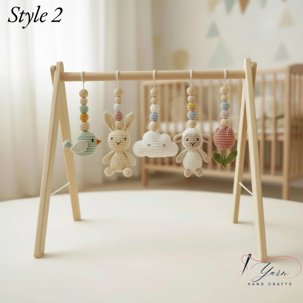 Crochet Baby Play Gym, Wooden Activity Gym with Handmade Hanging Toys, Montessori-Inspired Baby Toy, Neutral Nursery Decor, Baby Shower Gift
