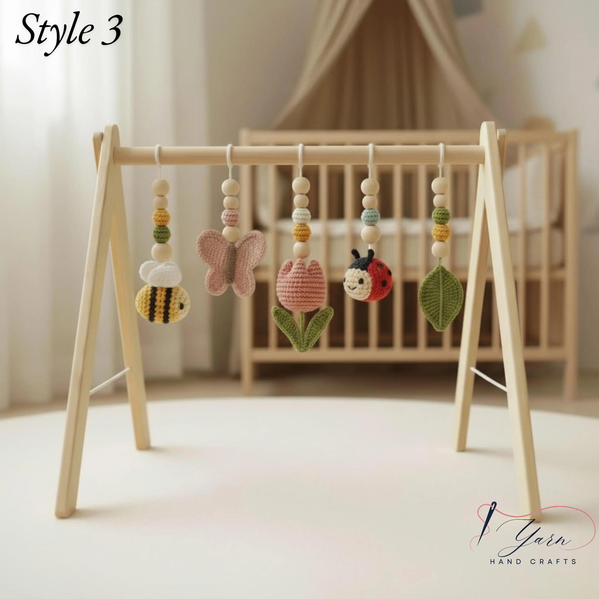 Crochet Baby Play Gym, Wooden Activity Gym with Handmade Hanging Toys, Montessori-Inspired Baby Toy, Neutral Nursery Decor, Baby Shower Gift