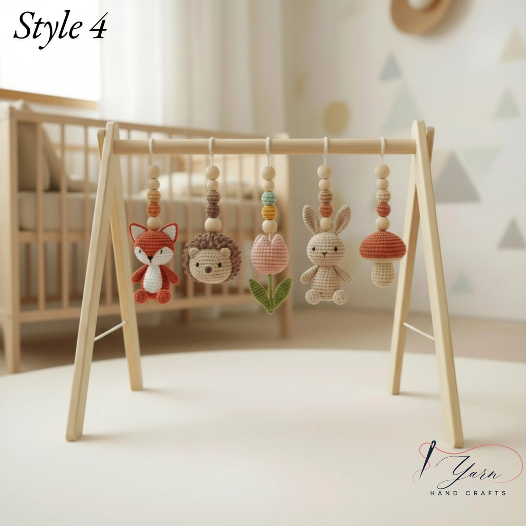 Crochet Baby Play Gym, Wooden Activity Gym with Handmade Hanging Toys, Montessori-Inspired Baby Toy, Neutral Nursery Decor, Baby Shower Gift