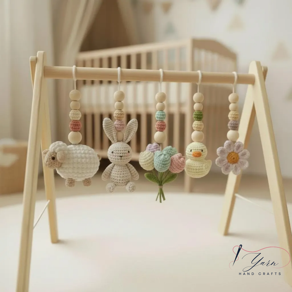 Crochet Baby Play Gym, Wooden Activity Gym with Handmade Hanging Toys, Montessori-Inspired Baby Toy, Neutral Nursery Decor, Baby Shower Gift