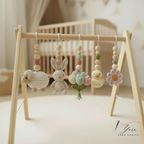 Crochet Baby Play Gym, Wooden Activity Gym with Handmade Hanging Toys, Montessori-Inspired Baby Toy, Neutral Nursery Decor, Baby Shower Gift