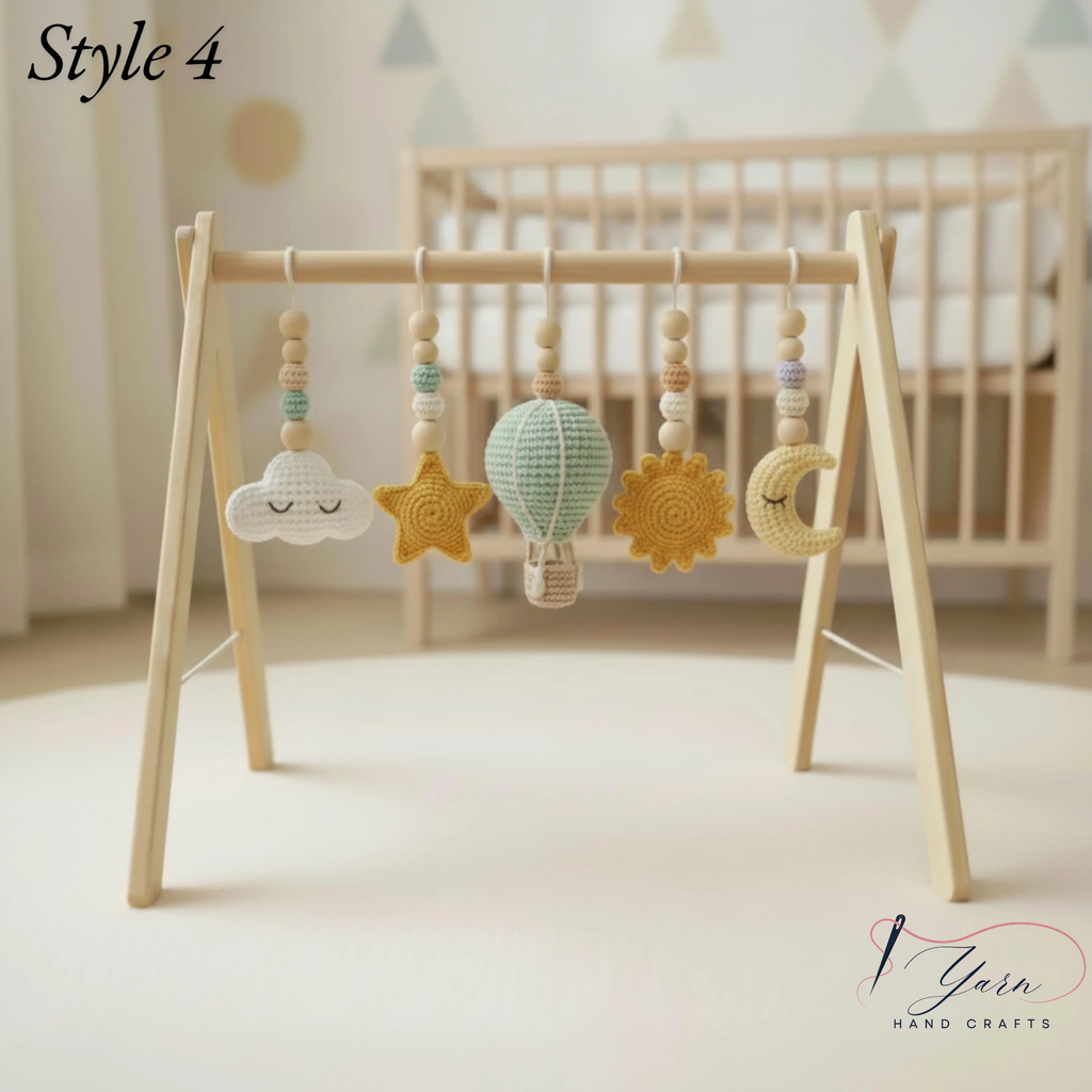 Wooden Baby Play Gym with Crochet Hot Air Balloon, Moon & Stars, Neutral Nursery Activity Toy, Baby Shower Gift, Boho Nursery Decor