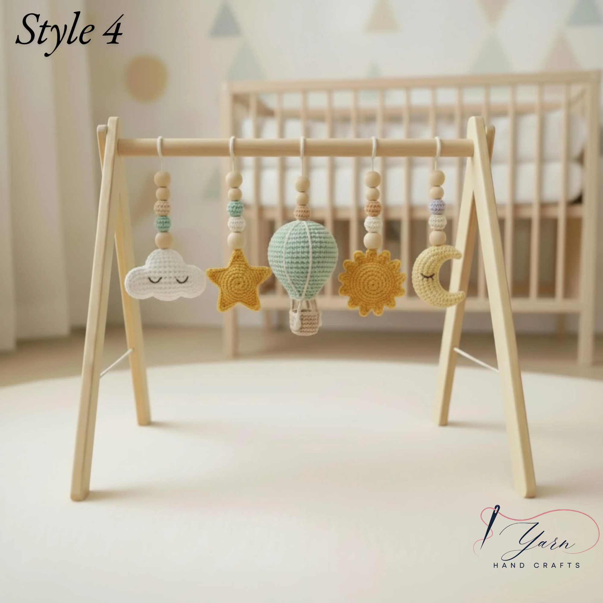 Wooden Baby Play Gym with Crochet Hot Air Balloon, Moon & Stars, Neutral Nursery Activity Toy, Baby Shower Gift, Boho Nursery Decor