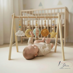 Wooden Baby Play Gym with Crochet Hot Air Balloon, Moon & Stars, Neutral Nursery Activity Toy, Baby Shower Gift, Boho Nursery Decor