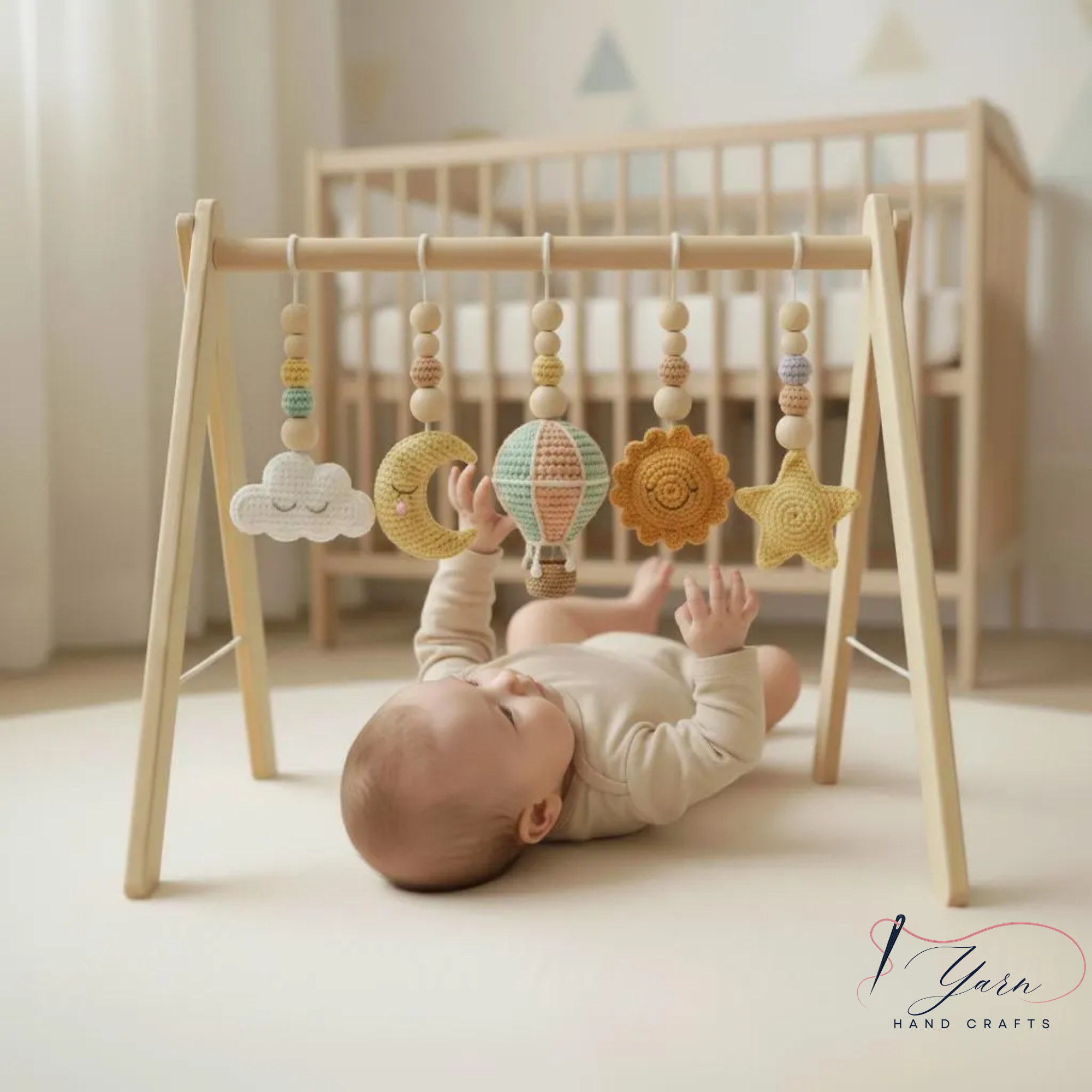 Wooden Baby Play Gym with Crochet Hot Air Balloon, Moon & Stars, Neutral Nursery Activity Toy, Baby Shower Gift, Boho Nursery Decor