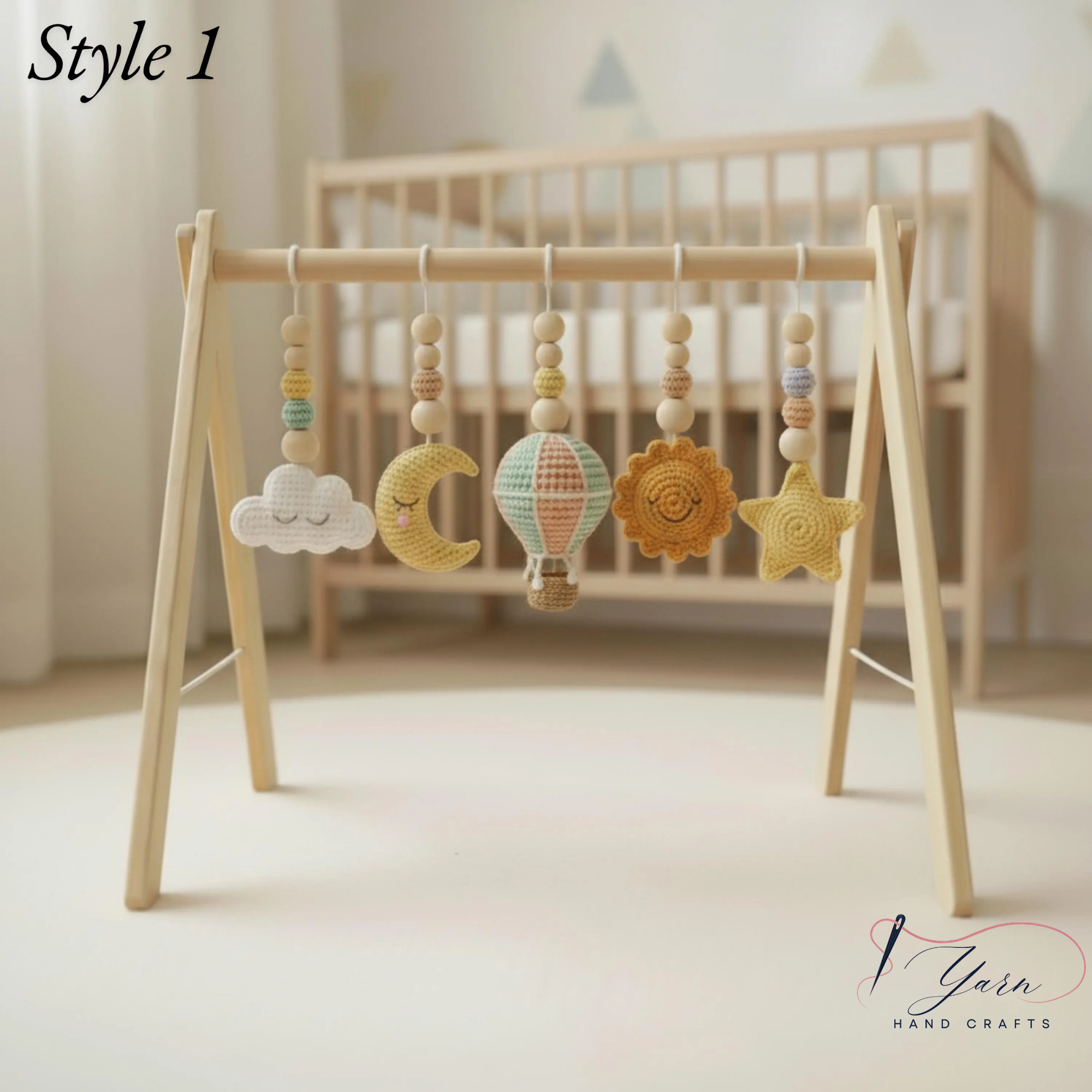 Wooden Baby Play Gym with Crochet Hot Air Balloon, Moon & Stars, Neutral Nursery Activity Toy, Baby Shower Gift, Boho Nursery Decor