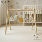 Wooden Baby Play Gym with Crochet Hot Air Balloon, Moon & Stars, Neutral Nursery Activity Toy, Baby Shower Gift, Boho Nursery Decor