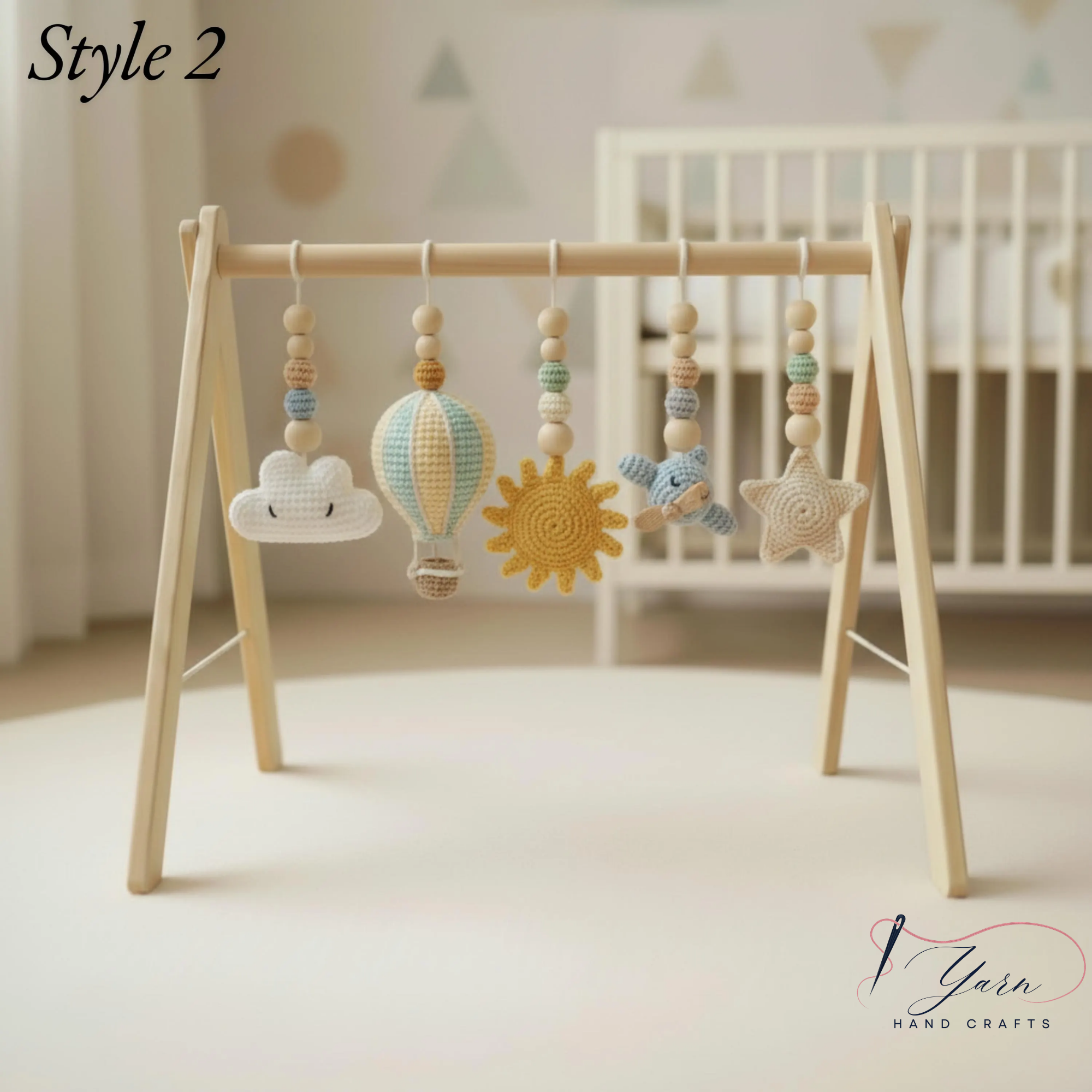 Wooden Baby Play Gym with Crochet Hot Air Balloon, Moon & Stars, Neutral Nursery Activity Toy, Baby Shower Gift, Boho Nursery Decor