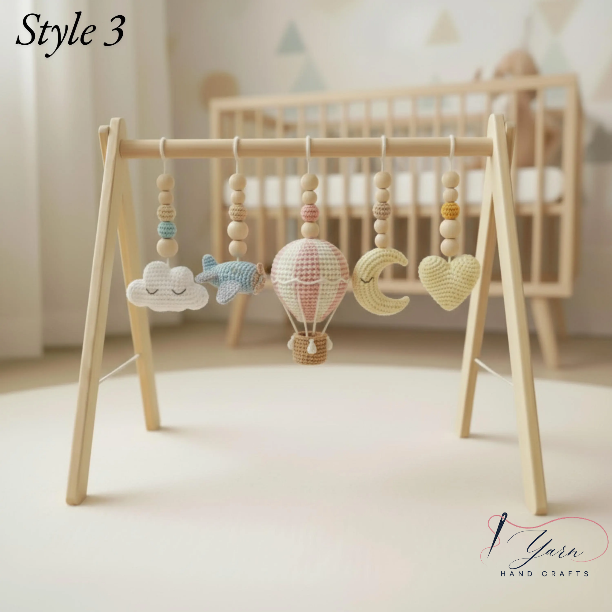 Wooden Baby Play Gym with Crochet Hot Air Balloon, Moon & Stars, Neutral Nursery Activity Toy, Baby Shower Gift, Boho Nursery Decor