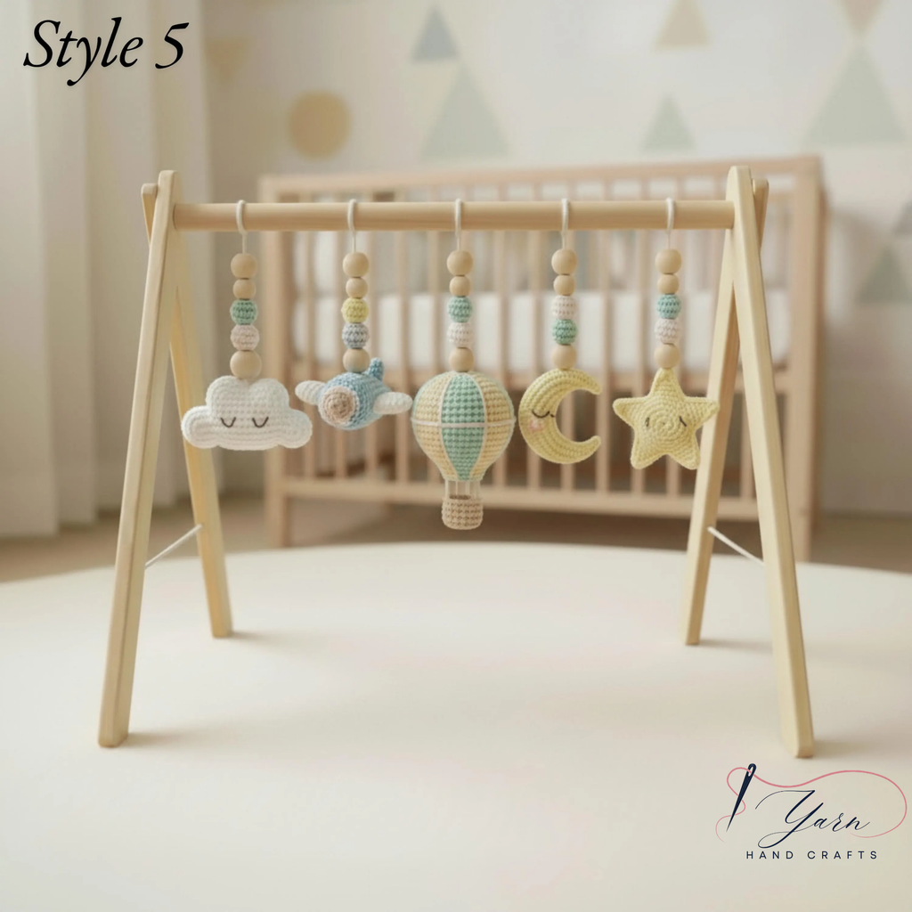 Wooden Baby Play Gym with Crochet Hot Air Balloon, Moon & Stars, Neutral Nursery Activity Toy, Baby Shower Gift, Boho Nursery Decor