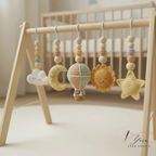 Wooden Baby Play Gym with Crochet Hot Air Balloon, Moon & Stars, Neutral Nursery Activity Toy, Baby Shower Gift, Boho Nursery Decor