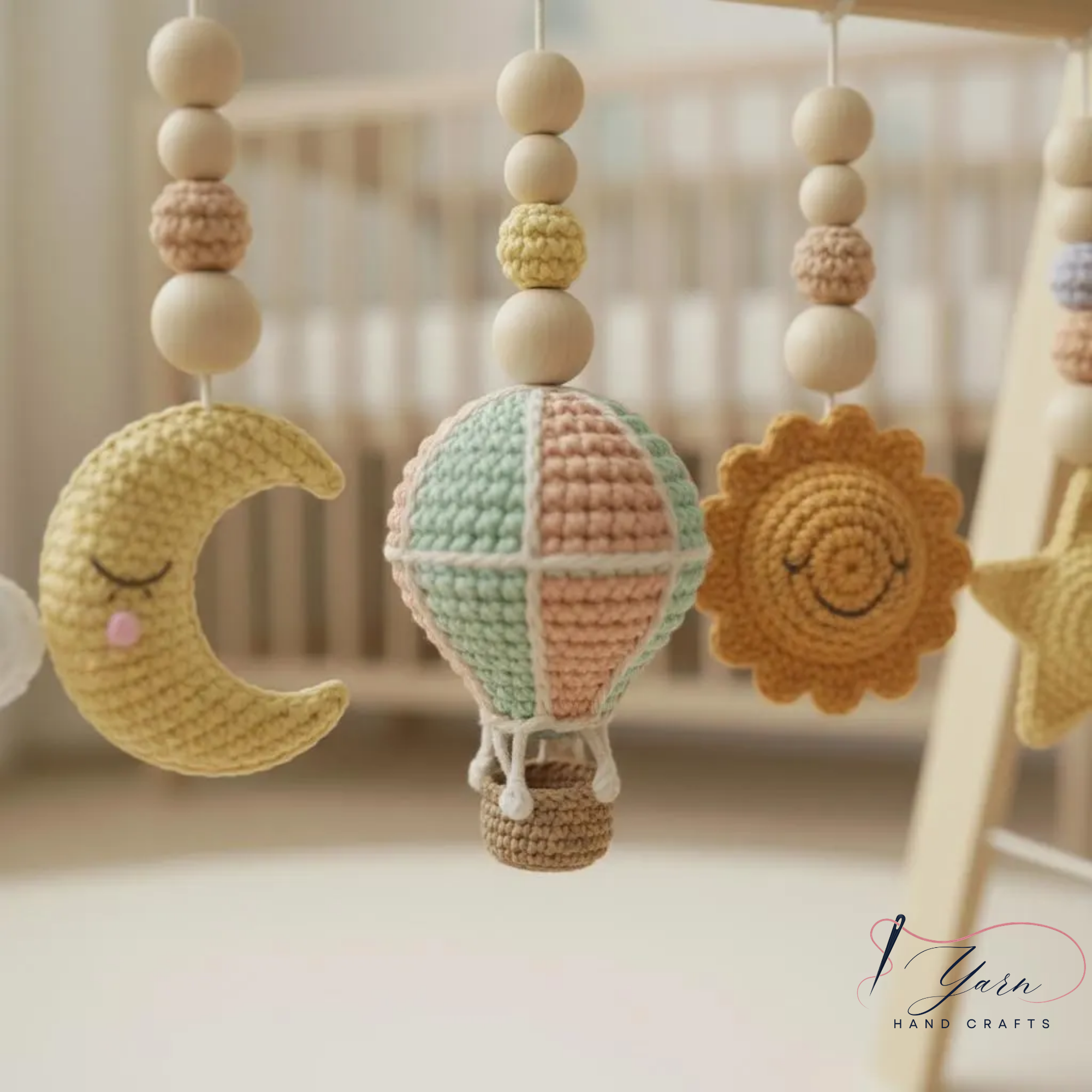 Wooden Baby Play Gym with Crochet Hot Air Balloon, Moon & Stars, Neutral Nursery Activity Toy, Baby Shower Gift, Boho Nursery Decor