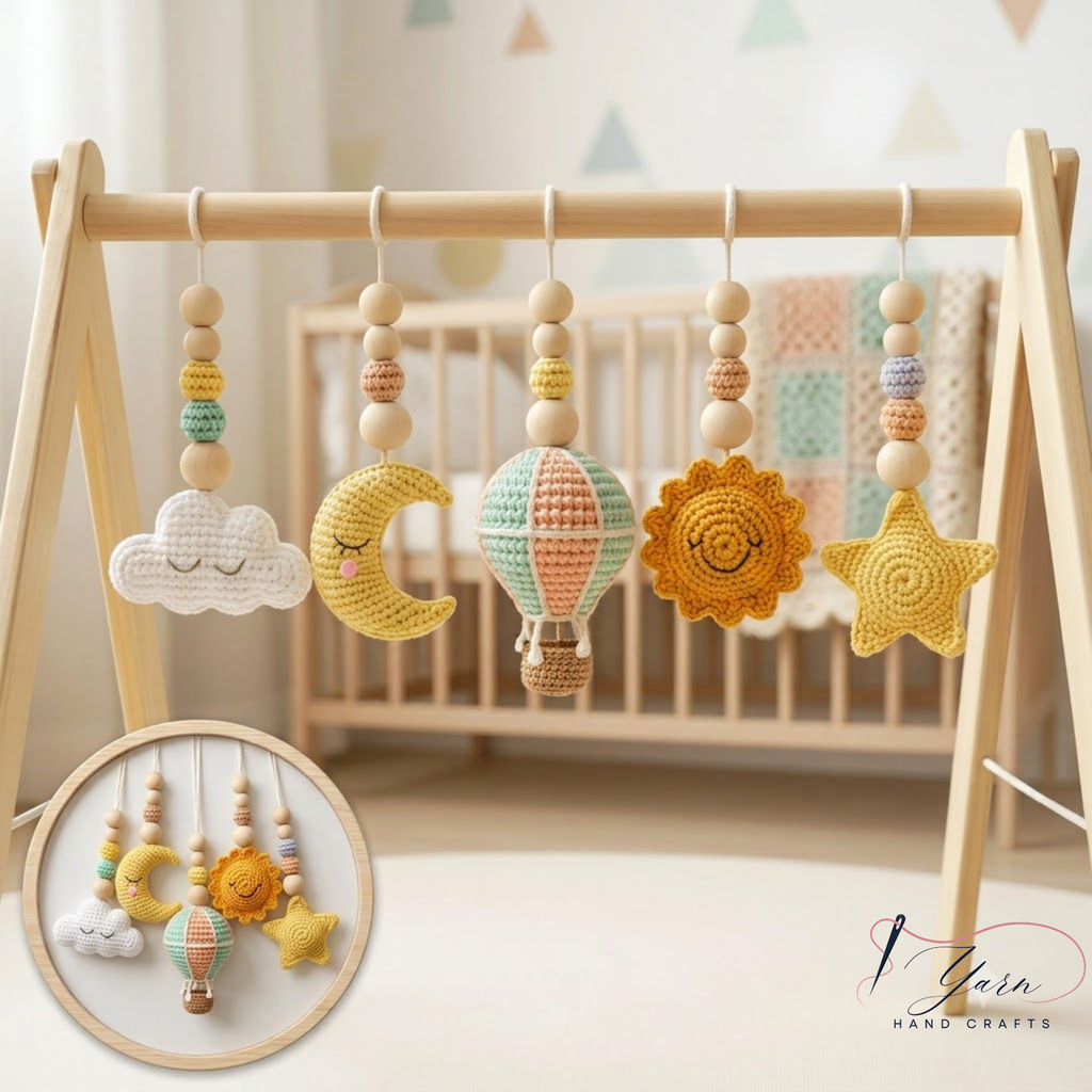 Wooden Baby Play Gym with Crochet Hot Air Balloon, Moon & Stars, Neutral Nursery Activity Toy, Baby Shower Gift, Boho Nursery Decor