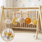 Wooden Baby Play Gym with Crochet Hot Air Balloon, Moon & Stars, Neutral Nursery Activity Toy, Baby Shower Gift, Boho Nursery Decor