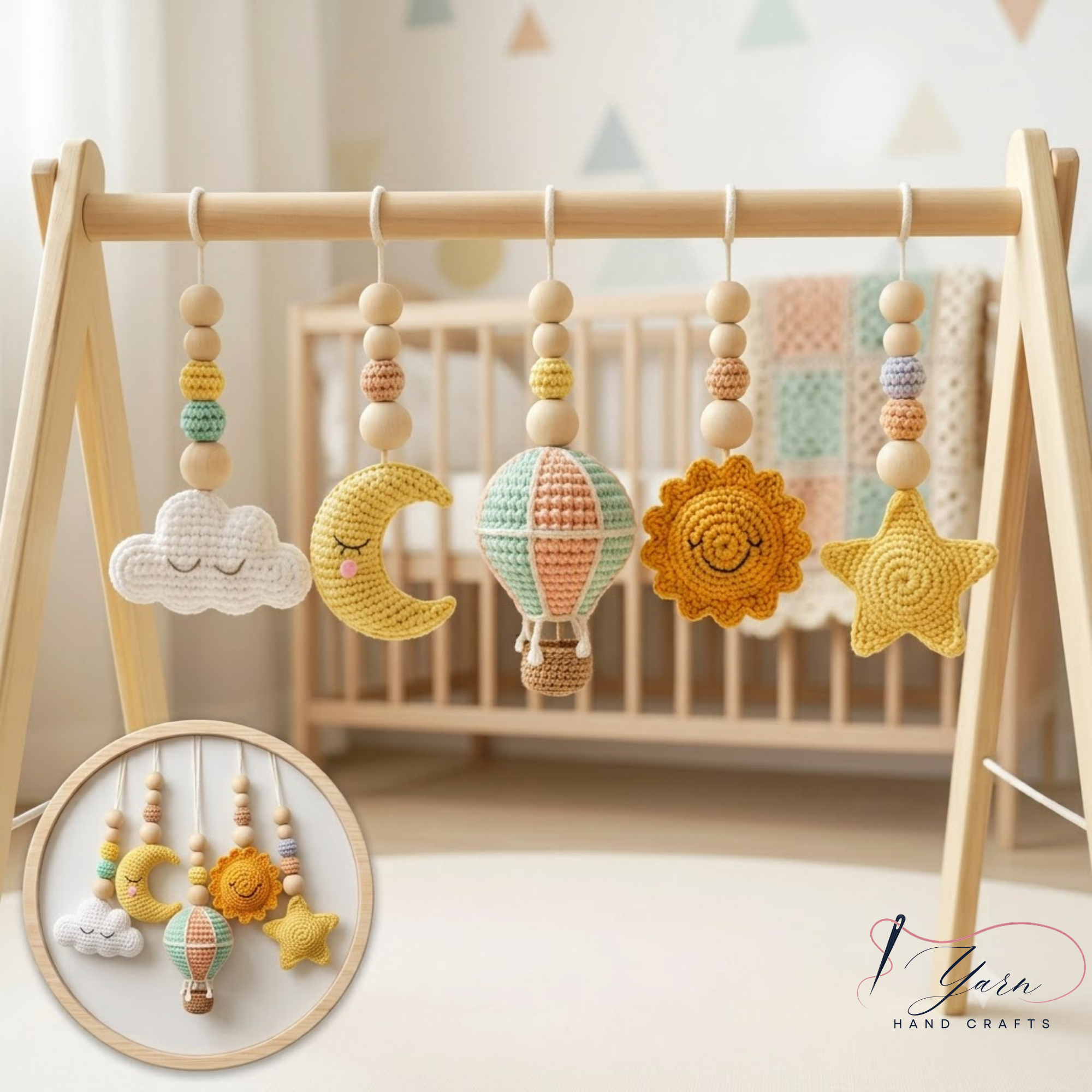 Wooden Baby Play Gym with Crochet Hot Air Balloon, Moon & Stars, Neutral Nursery Activity Toy, Baby Shower Gift, Boho Nursery Decor