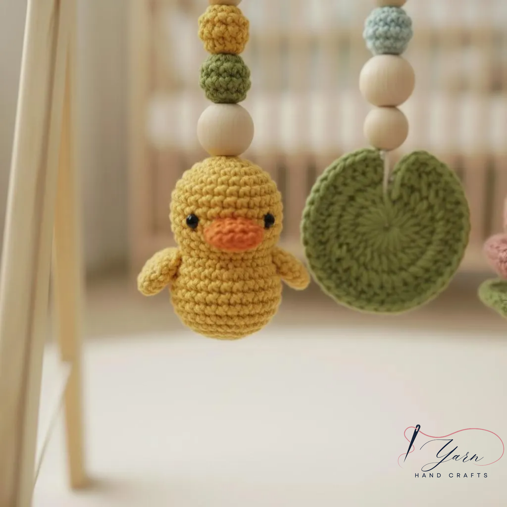 Montessori Baby Gym Duck Pond Theme, Wooden Baby Play Gym with Crochet Duck Frog Lotus Swan Lily Pad, Nature Nursery Decor Baby Gift