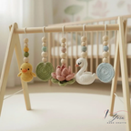 Montessori Baby Gym Duck Pond Theme, Wooden Baby Play Gym with Crochet Duck Frog Lotus Swan Lily Pad, Nature Nursery Decor Baby Gift