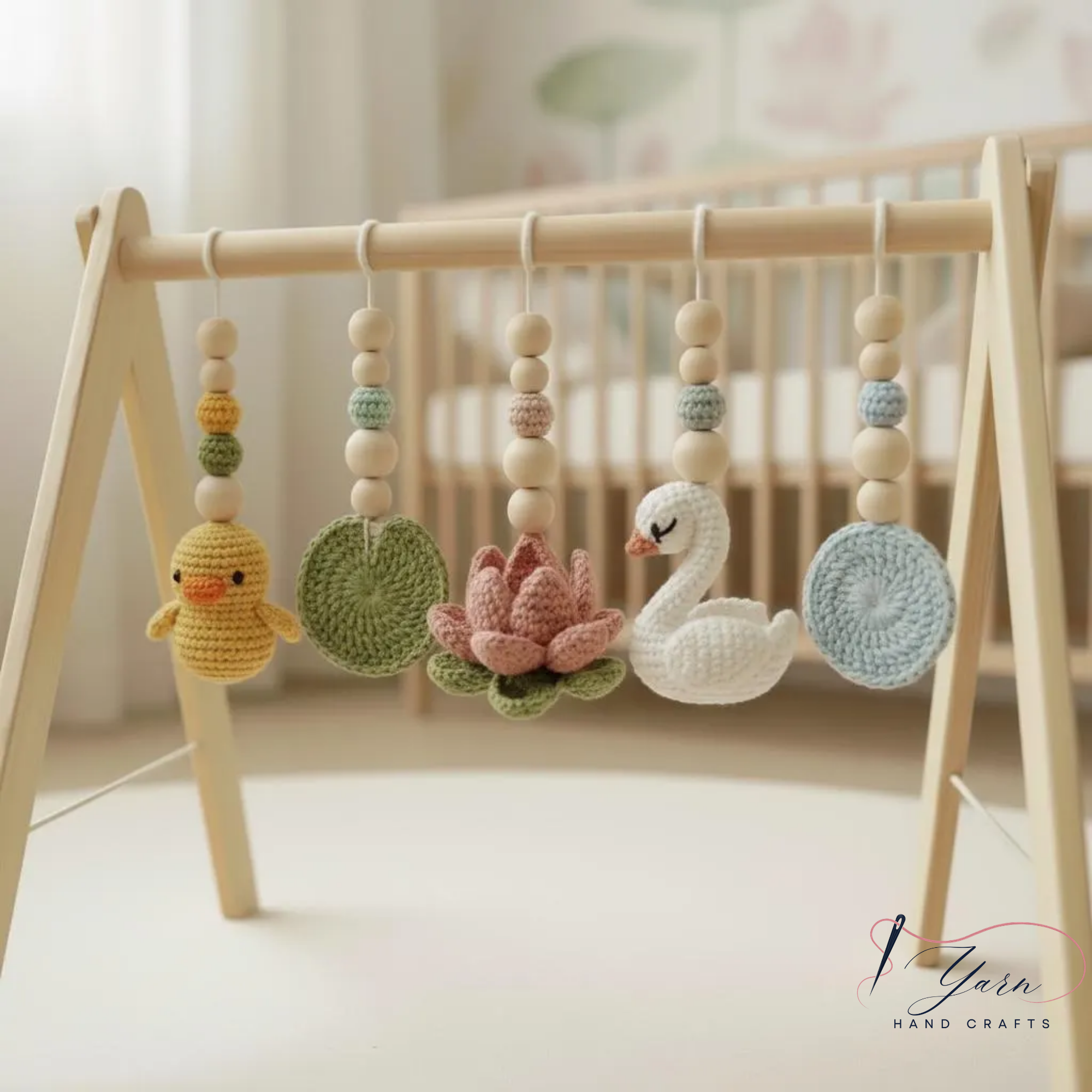 Montessori Baby Gym Duck Pond Theme, Wooden Baby Play Gym with Crochet Duck Frog Lotus Swan Lily Pad, Nature Nursery Decor Baby Gift