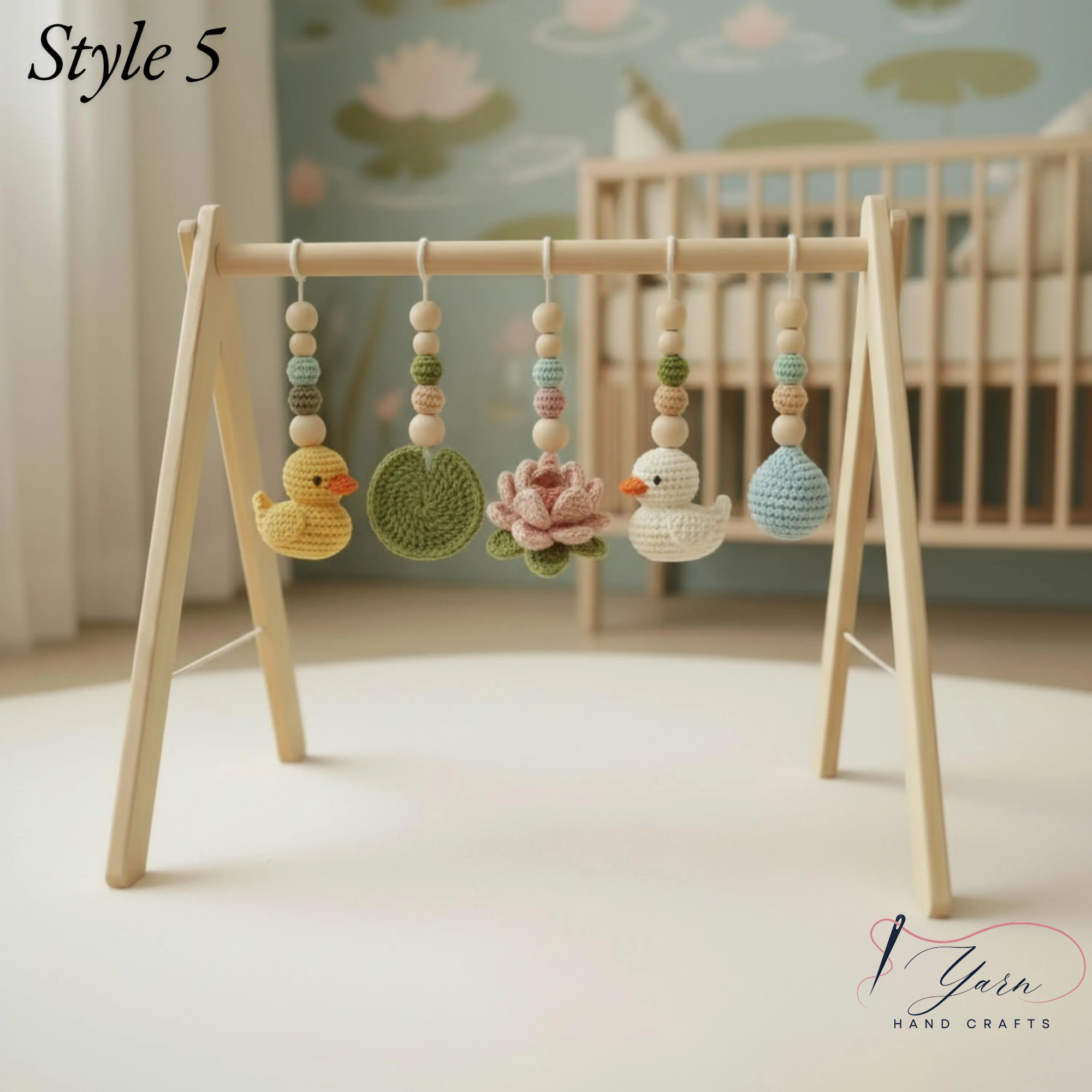 Montessori Baby Gym Duck Pond Theme, Wooden Baby Play Gym with Crochet Duck Frog Lotus Swan Lily Pad, Nature Nursery Decor Baby Gift