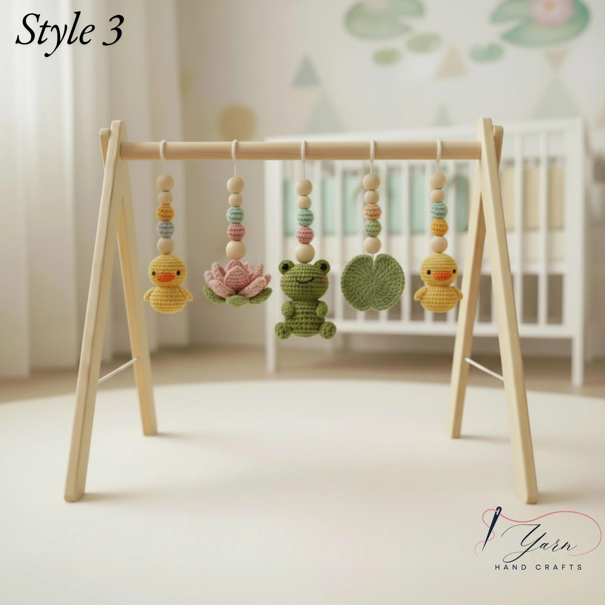 Montessori Baby Gym Duck Pond Theme, Wooden Baby Play Gym with Crochet Duck Frog Lotus Swan Lily Pad, Nature Nursery Decor Baby Gift