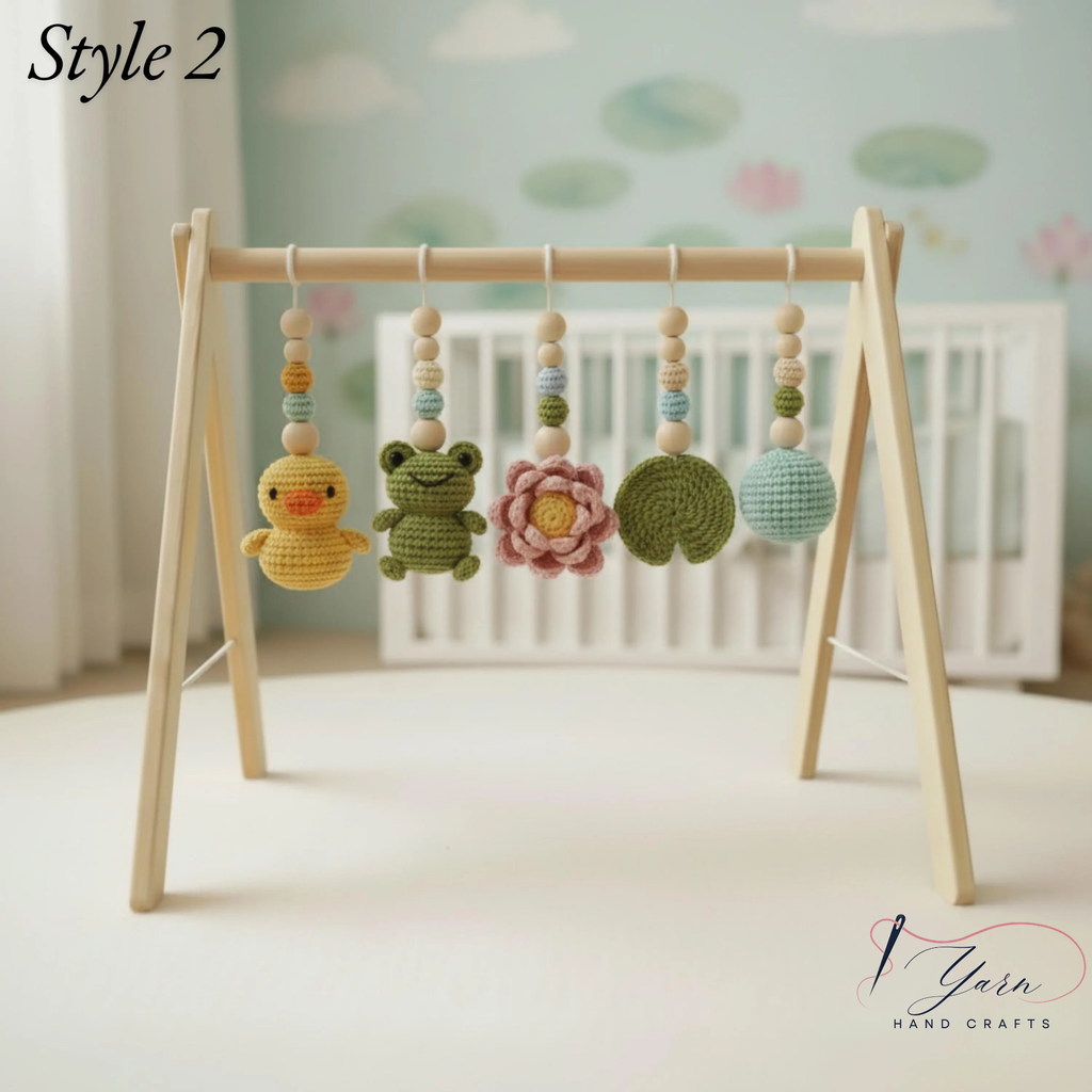 Montessori Baby Gym Duck Pond Theme, Wooden Baby Play Gym with Crochet Duck Frog Lotus Swan Lily Pad, Nature Nursery Decor Baby Gift