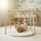 Montessori Baby Gym Duck Pond Theme, Wooden Baby Play Gym with Crochet Duck Frog Lotus Swan Lily Pad, Nature Nursery Decor Baby Gift