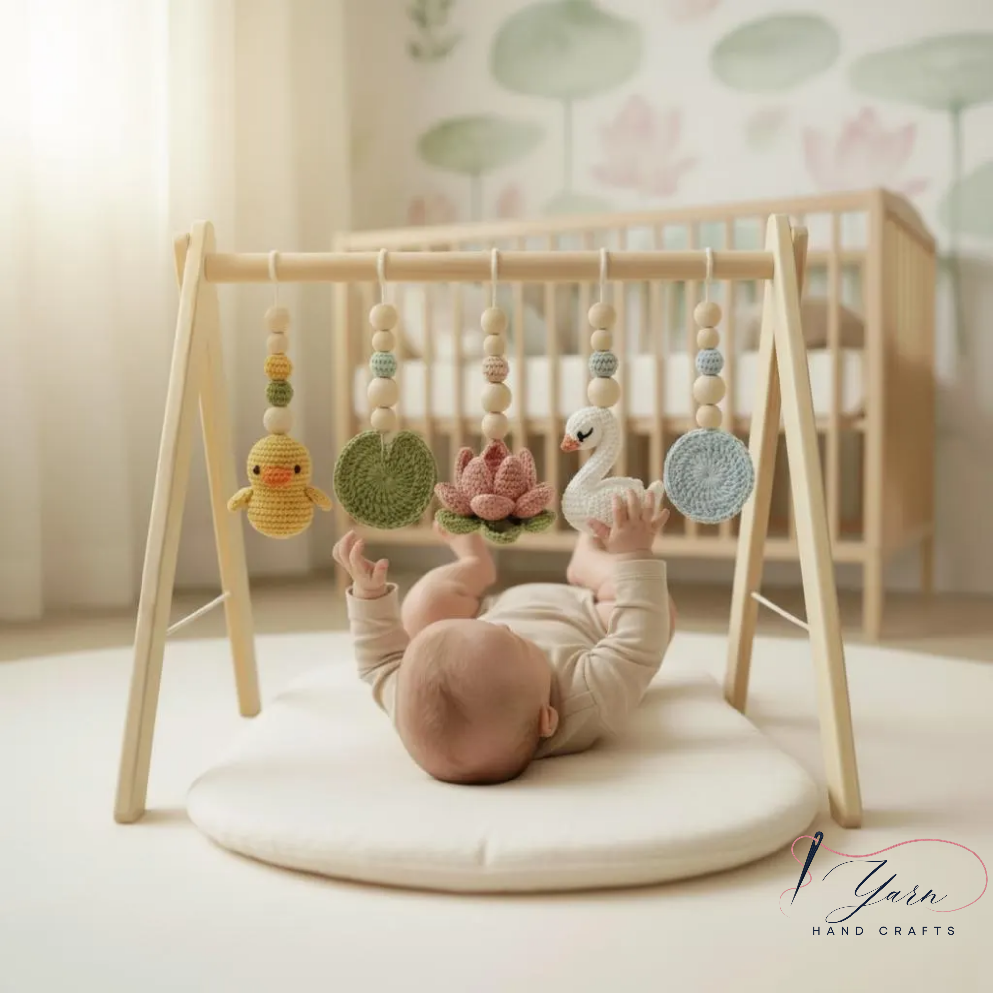 Montessori Baby Gym Duck Pond Theme, Wooden Baby Play Gym with Crochet Duck Frog Lotus Swan Lily Pad, Nature Nursery Decor Baby Gift