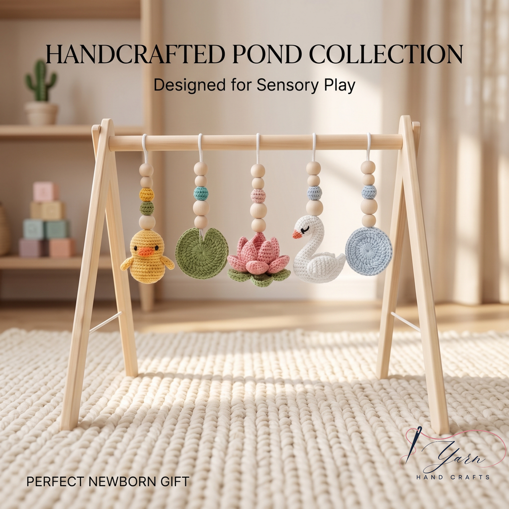 Montessori Baby Gym Duck Pond Theme, Wooden Baby Play Gym with Crochet Duck Frog Lotus Swan Lily Pad, Nature Nursery Decor Baby Gift