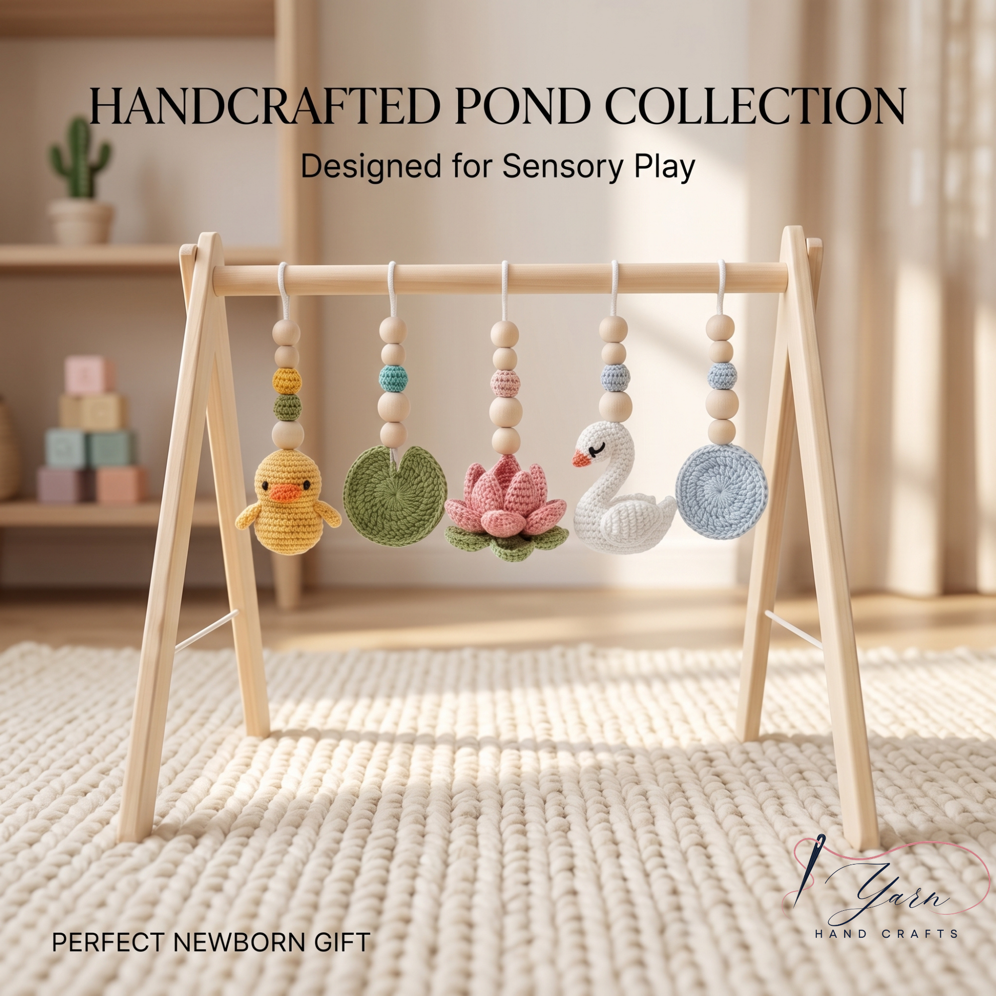 Montessori Baby Gym Duck Pond Theme, Wooden Baby Play Gym with Crochet Duck Frog Lotus Swan Lily Pad, Nature Nursery Decor Baby Gift